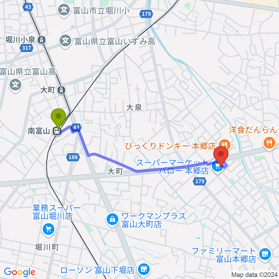 南富山駅から開進堂楽器 MPC富山南へのルートマップ地図