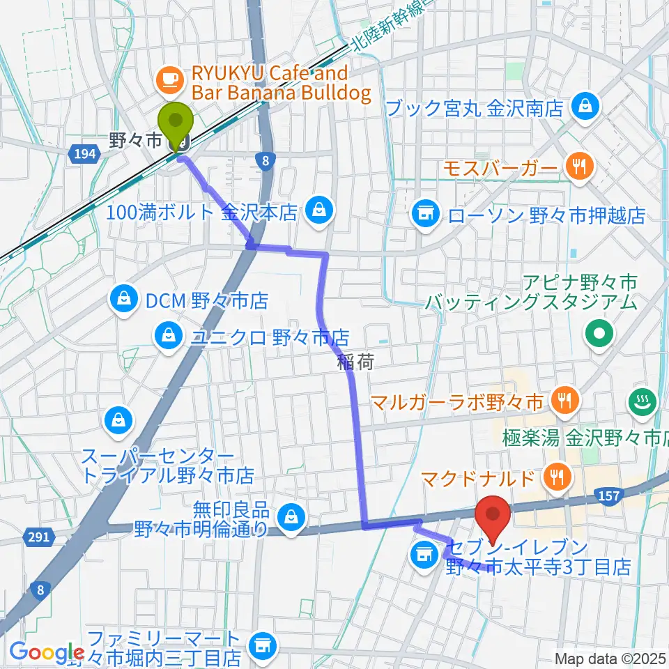 野々市駅から野々市市文化会館フォルテへのルートマップ地図