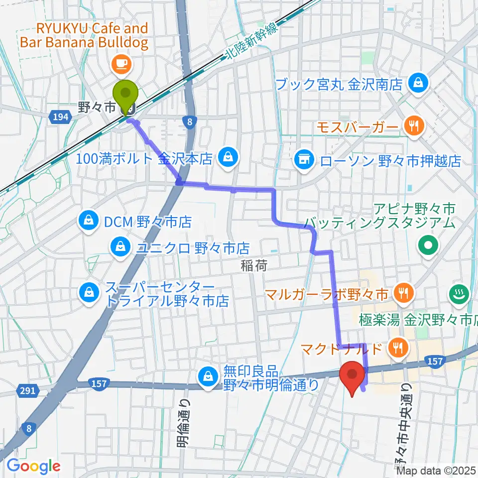 野々市駅から野々市市文化会館フォルテへのルートマップ地図