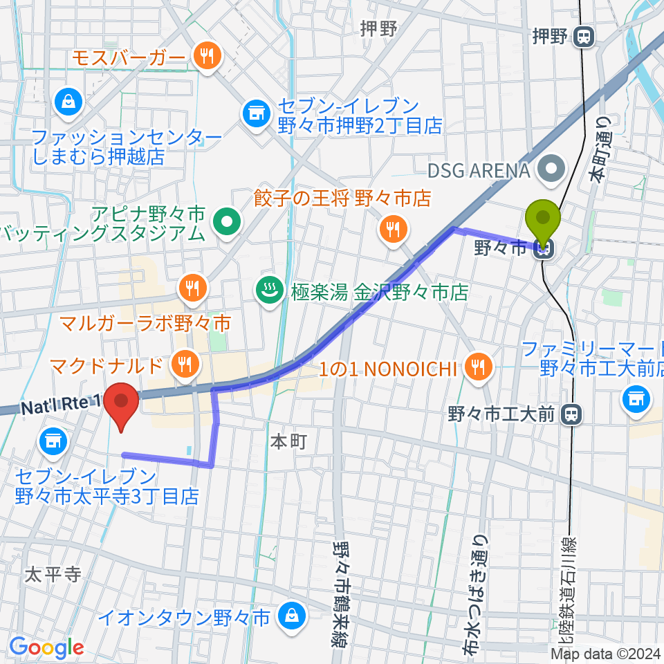 野々市駅から野々市市文化会館フォルテへのルートマップ地図