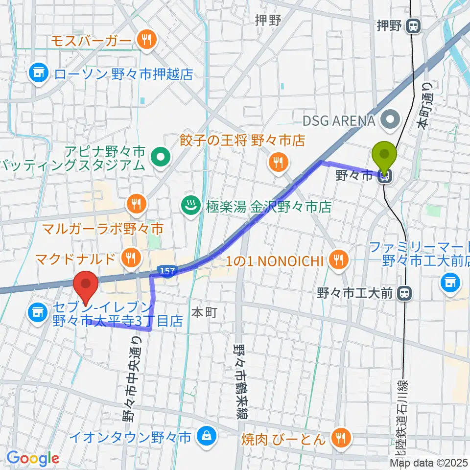 野々市駅から野々市市文化会館フォルテへのルートマップ地図