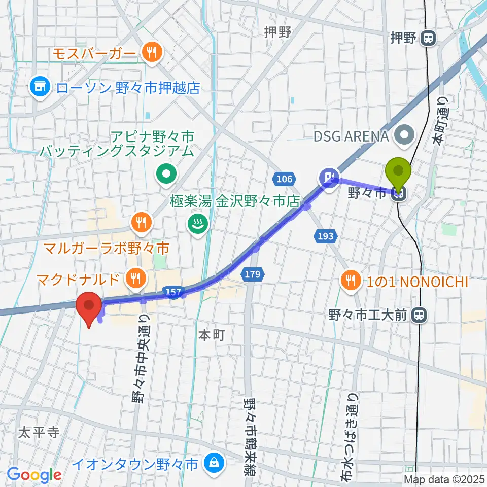 野々市駅から野々市市文化会館フォルテへのルートマップ地図
