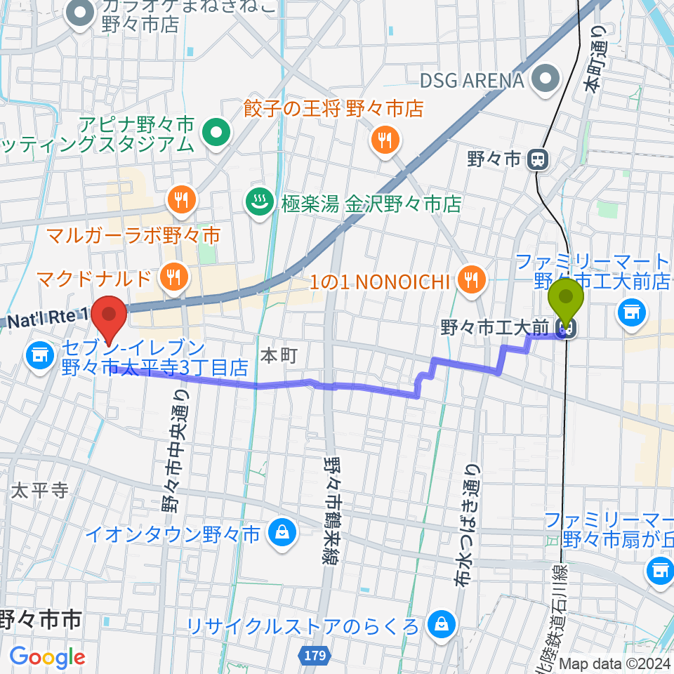 野々市市文化会館フォルテの最寄駅野々市工大前駅からの徒歩ルート（約21分）地図