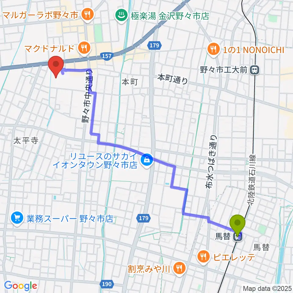 馬替駅から野々市市文化会館フォルテへのルートマップ地図