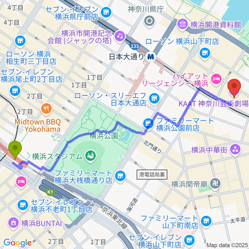 関内駅からKAAT神奈川芸術劇場へのルートマップ地図