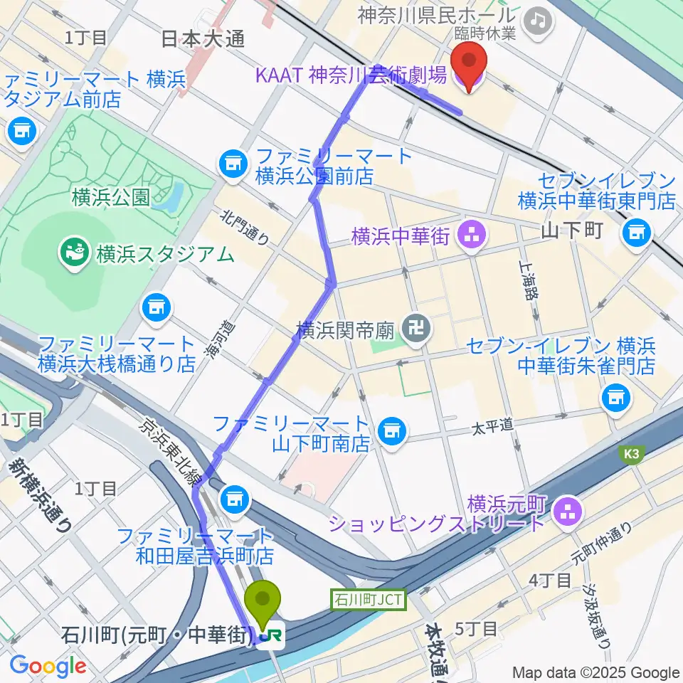 石川町駅からKAAT神奈川芸術劇場へのルートマップ地図