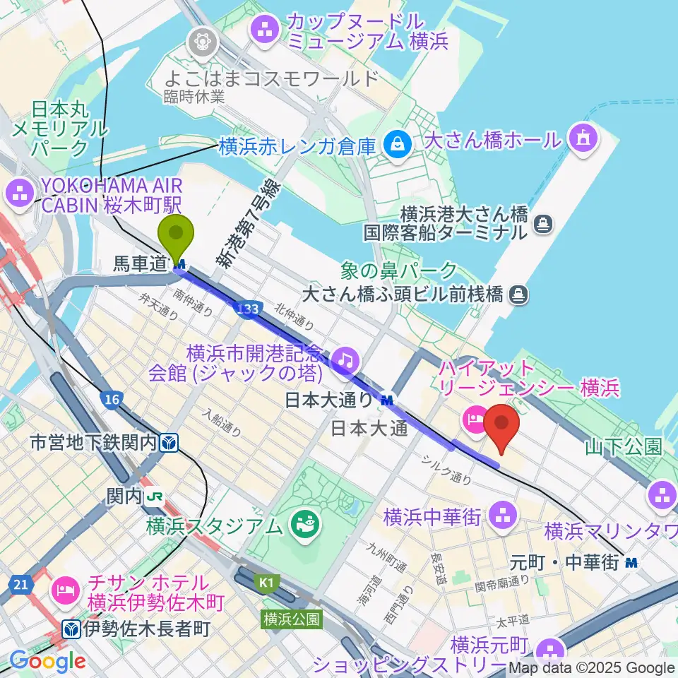 馬車道駅からKAAT神奈川芸術劇場へのルートマップ地図