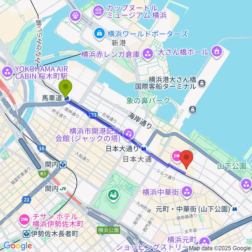 馬車道駅からKAAT神奈川芸術劇場へのルートマップ地図