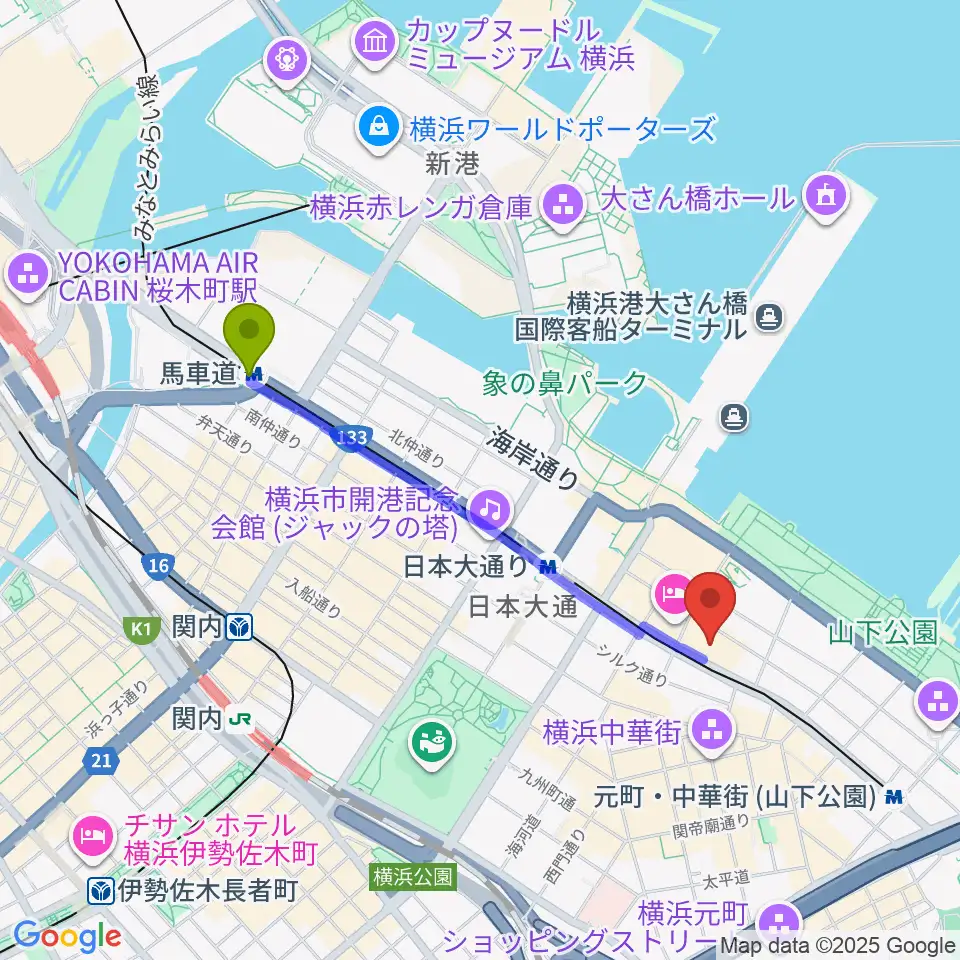 馬車道駅からKAAT神奈川芸術劇場へのルートマップ地図