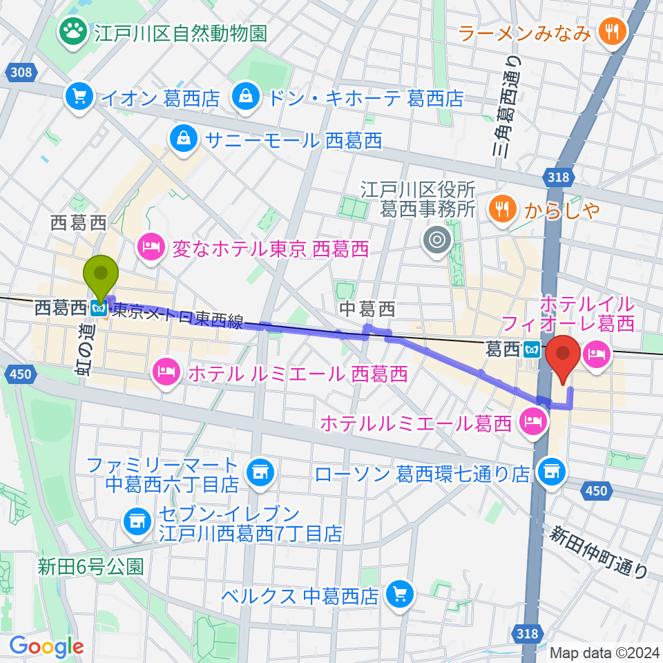 西葛西駅から葛西Clioピアノ教室へのルートマップ地図