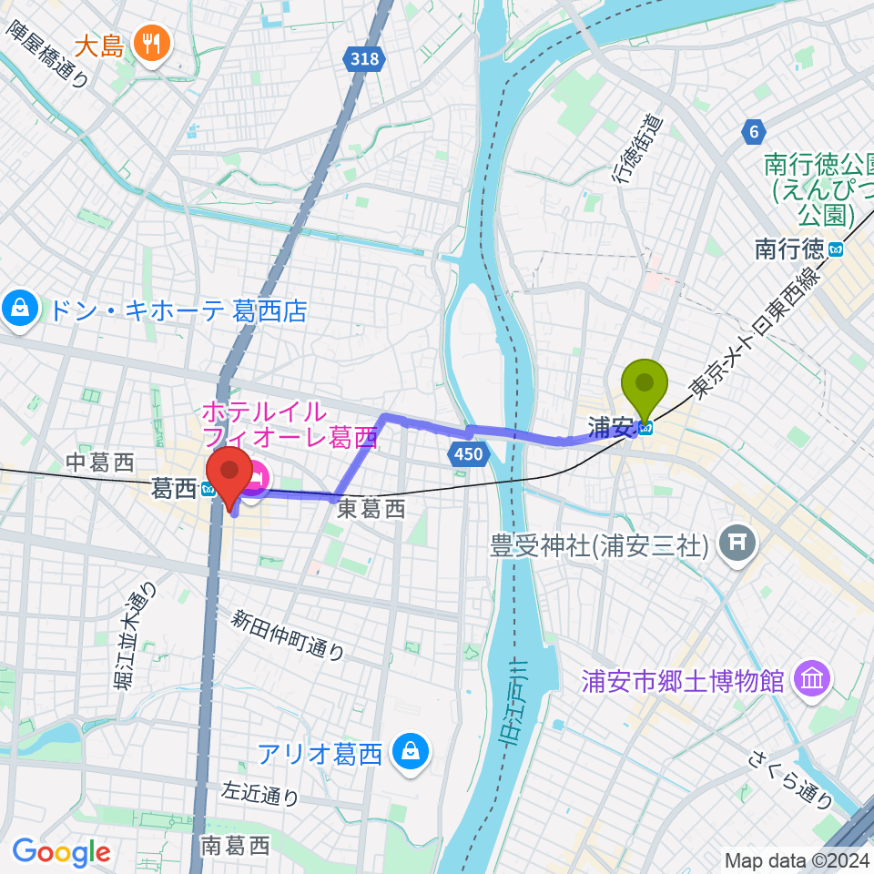 浦安駅から葛西Clioピアノ教室へのルートマップ地図