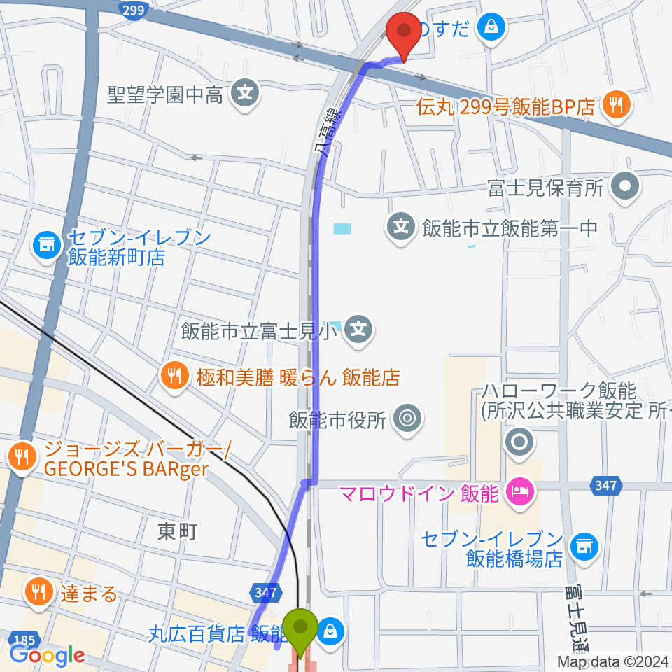 ユキミュージックスクールの最寄駅東飯能駅からの徒歩ルート（約14分）地図