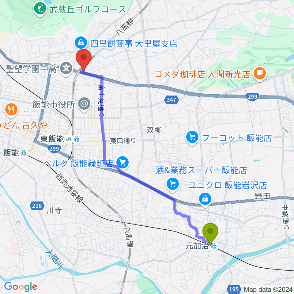 元加治駅からユキミュージックスクールへのルートマップ地図