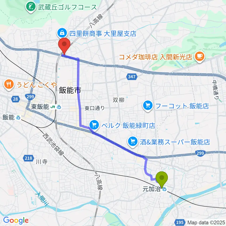 元加治駅からユキミュージックスクールへのルートマップ地図