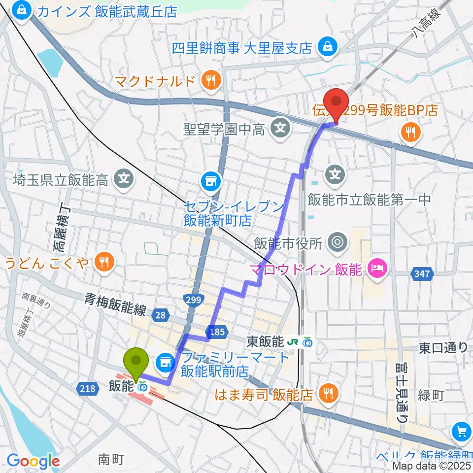 飯能駅からユキミュージックスクールへのルートマップ地図