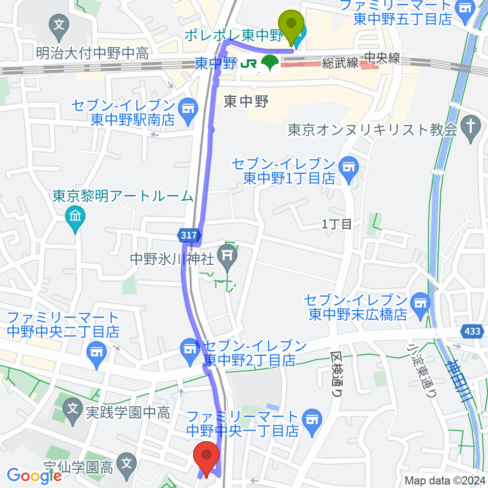 東中野駅からD,IOS中野坂上スタジオへのルートマップ地図