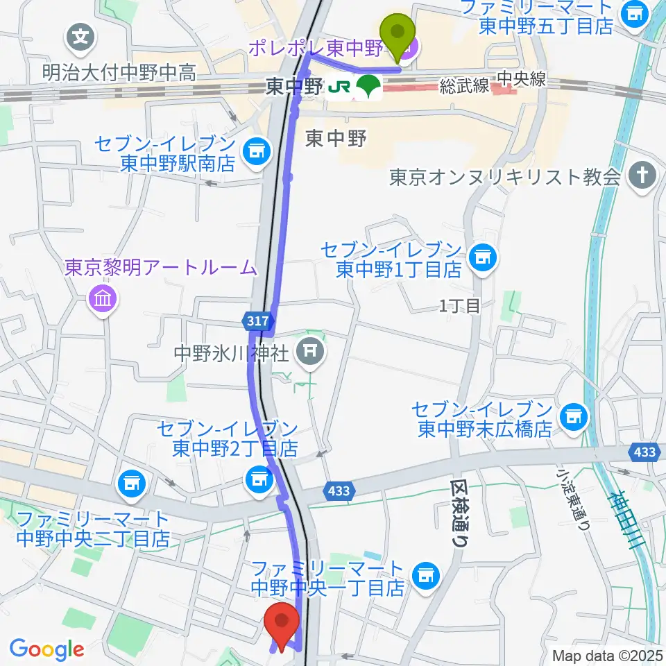 東中野駅からD,IOS中野坂上スタジオへのルートマップ地図