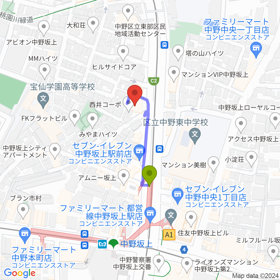 D,IOS中野坂上スタジオの最寄駅中野坂上駅からの徒歩ルート（約2分）地図