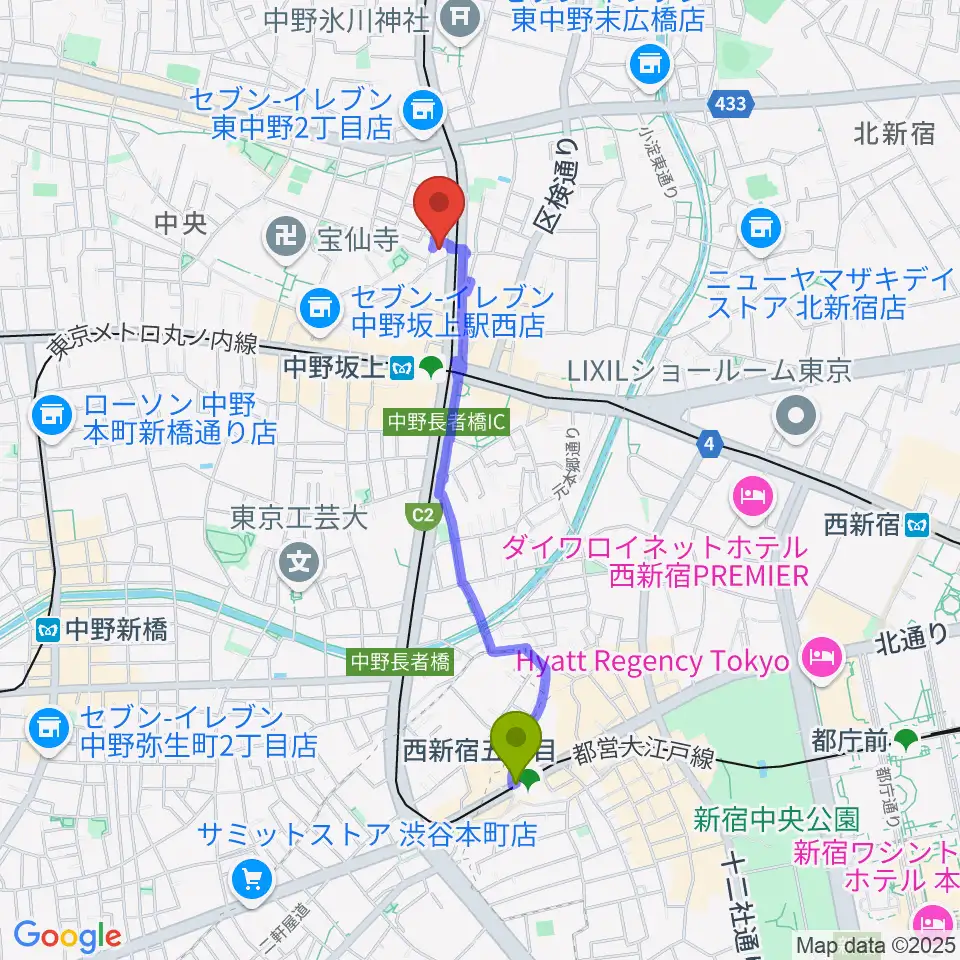 西新宿五丁目駅からD,IOS中野坂上スタジオへのルートマップ地図