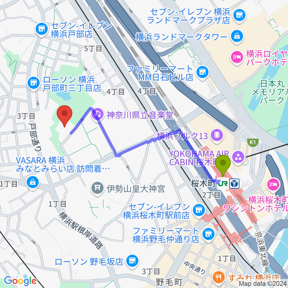 横浜能楽堂の最寄駅桜木町駅からの徒歩ルート（約9分）地図