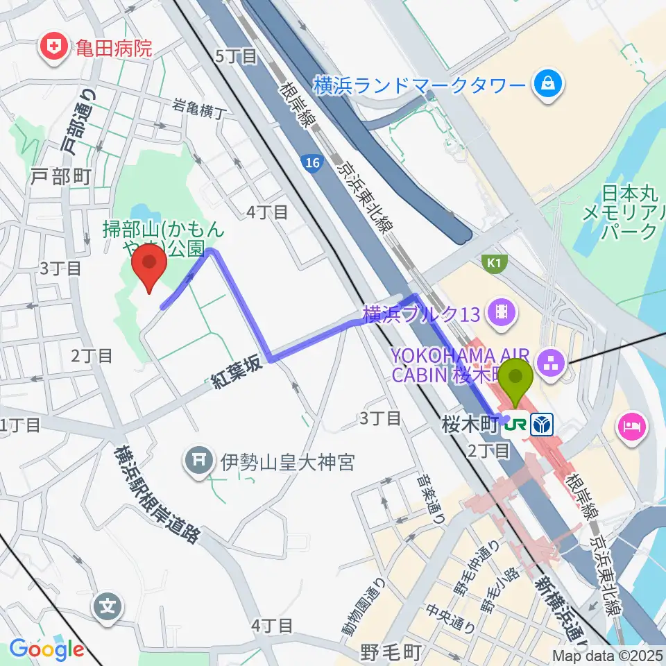 横浜能楽堂の最寄駅桜木町駅からの徒歩ルート（約9分）地図