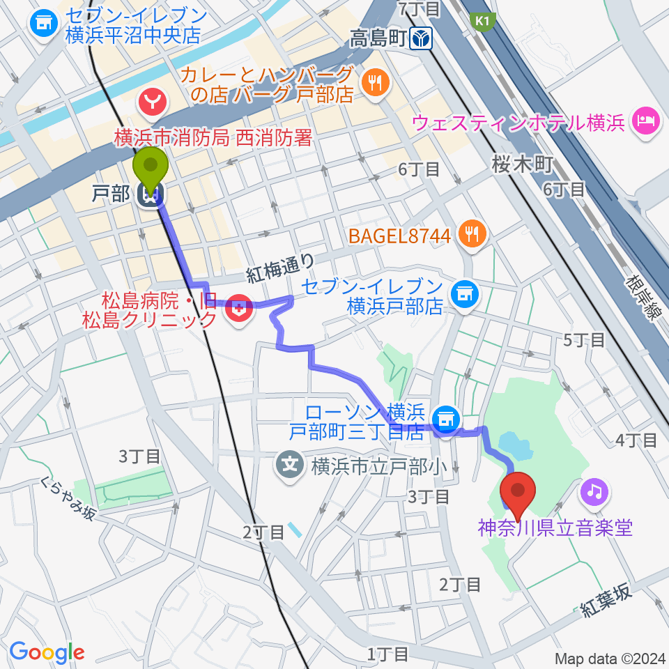 戸部駅から横浜能楽堂へのルートマップ地図