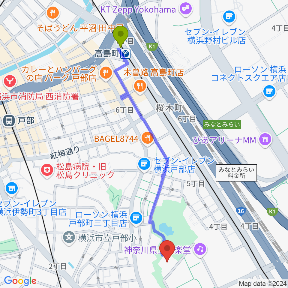 高島町駅から横浜能楽堂へのルートマップ地図