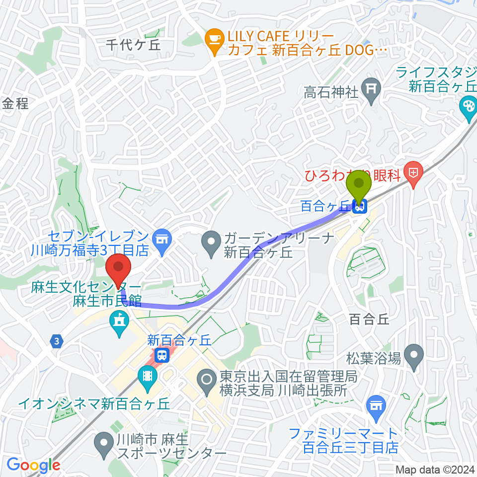百合ヶ丘駅から川崎市アートセンターアルテリオ小劇場へのルートマップ地図