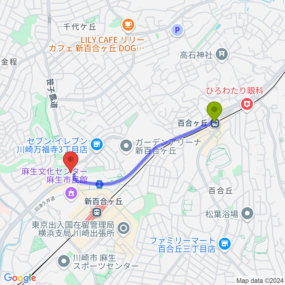 百合ヶ丘駅から川崎市アートセンターへのルートマップ地図