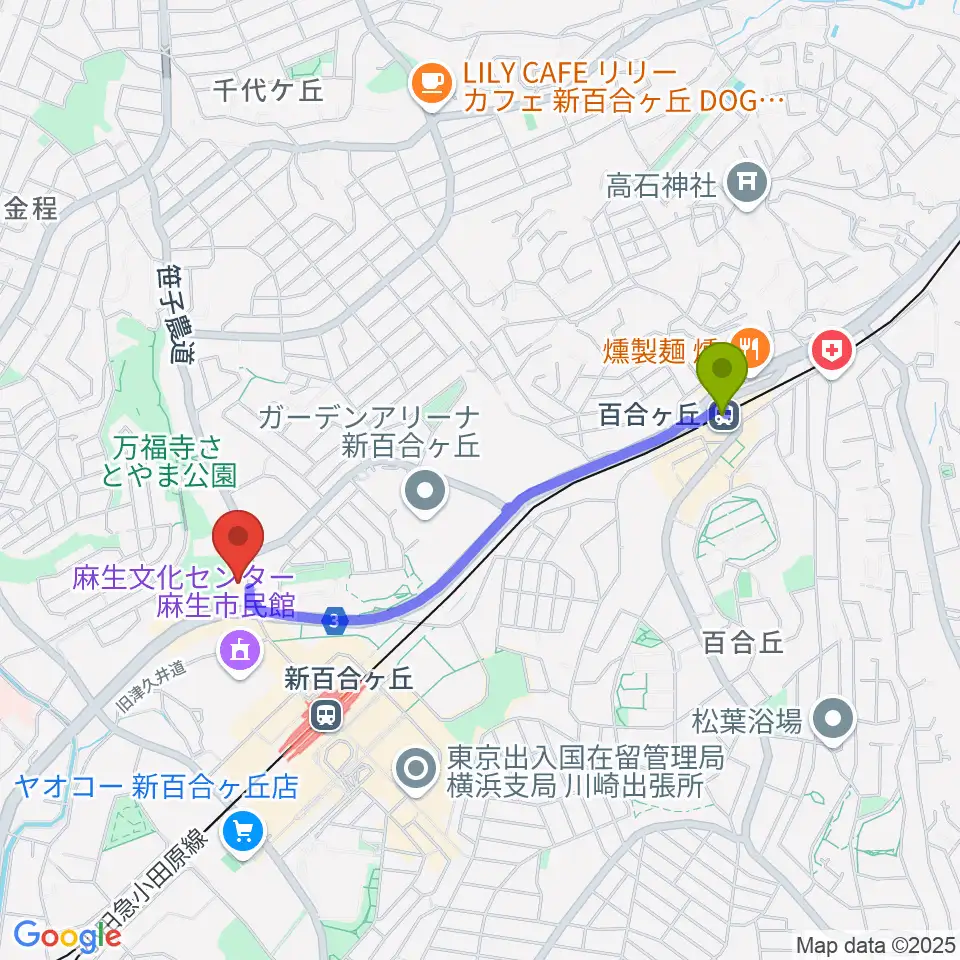 百合ヶ丘駅から川崎市アートセンターへのルートマップ地図