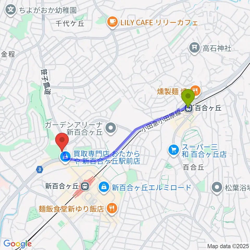百合ヶ丘駅から川崎市アートセンターへのルートマップ地図