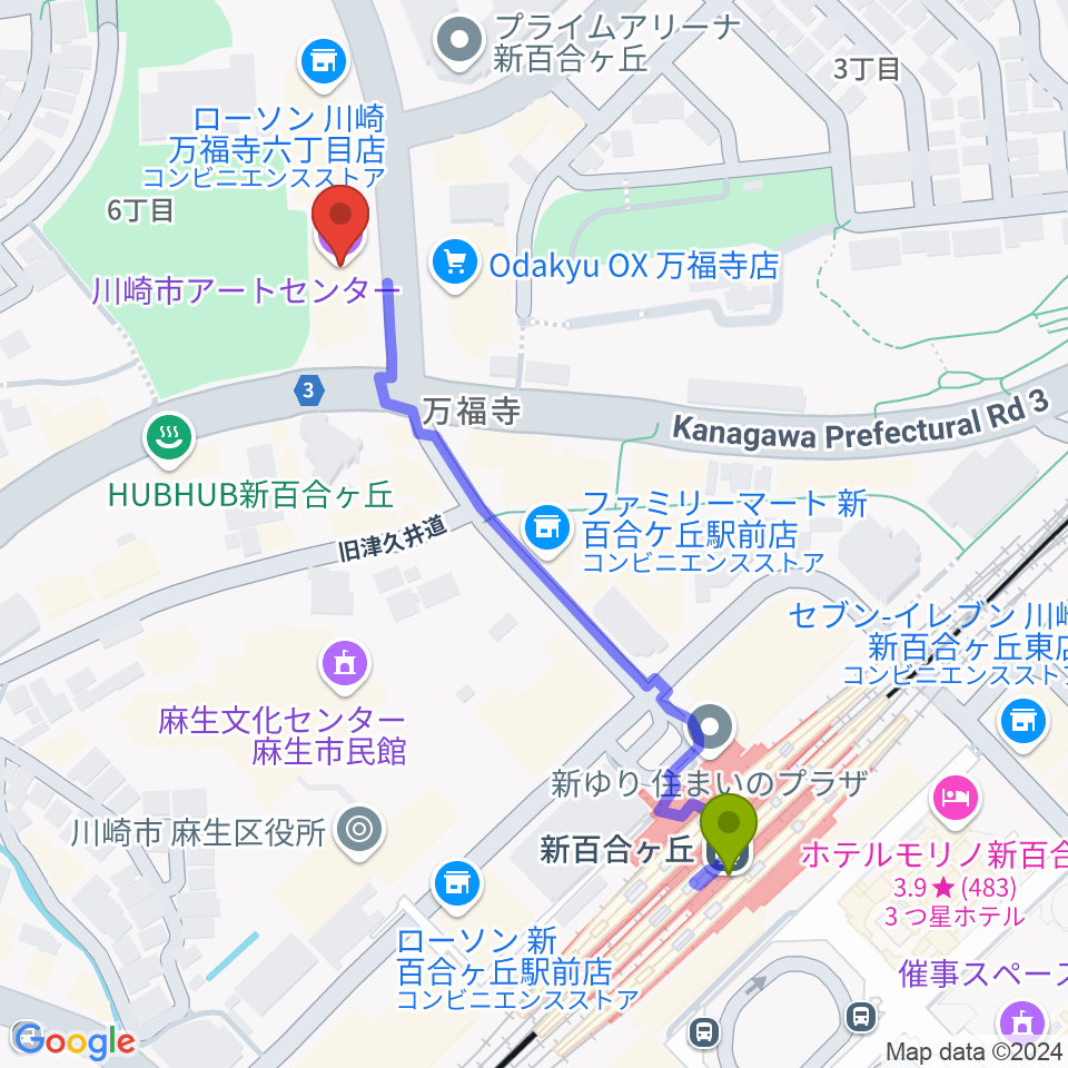 川崎市アートセンターの最寄駅新百合ヶ丘駅からの徒歩ルート（約5分）地図