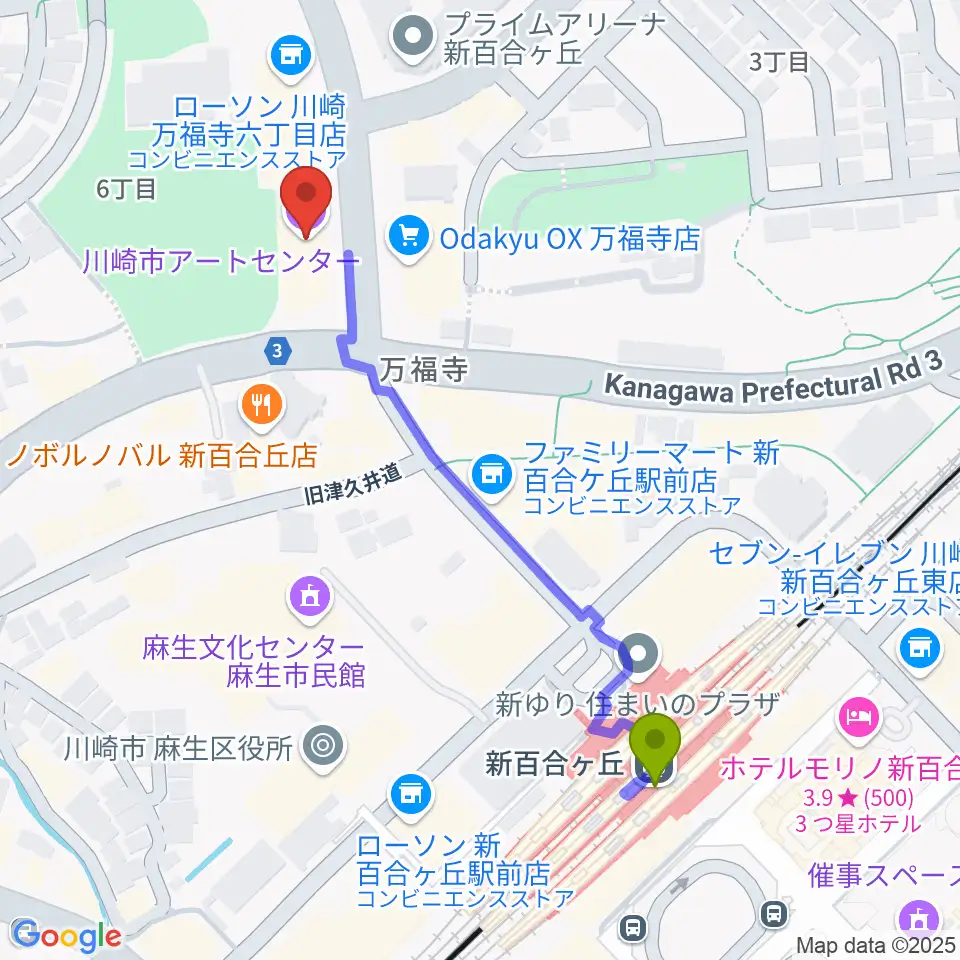 川崎市アートセンターの最寄駅新百合ヶ丘駅からの徒歩ルート（約5分）地図