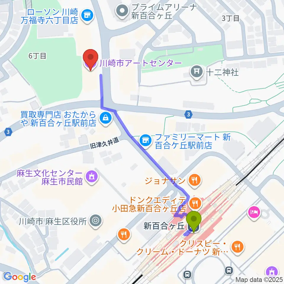 川崎市アートセンターの最寄駅新百合ヶ丘駅からの徒歩ルート（約5分）地図