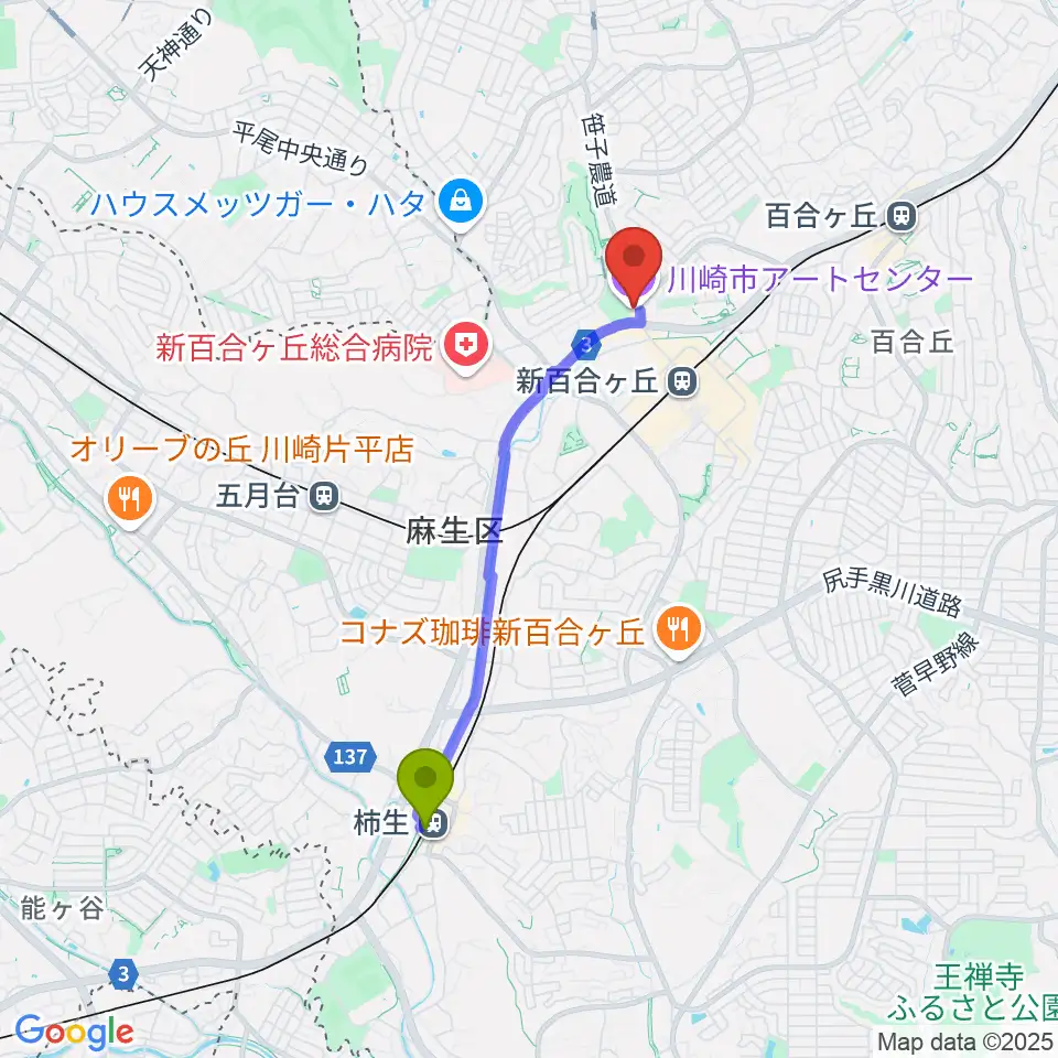 柿生駅から川崎市アートセンターへのルートマップ地図