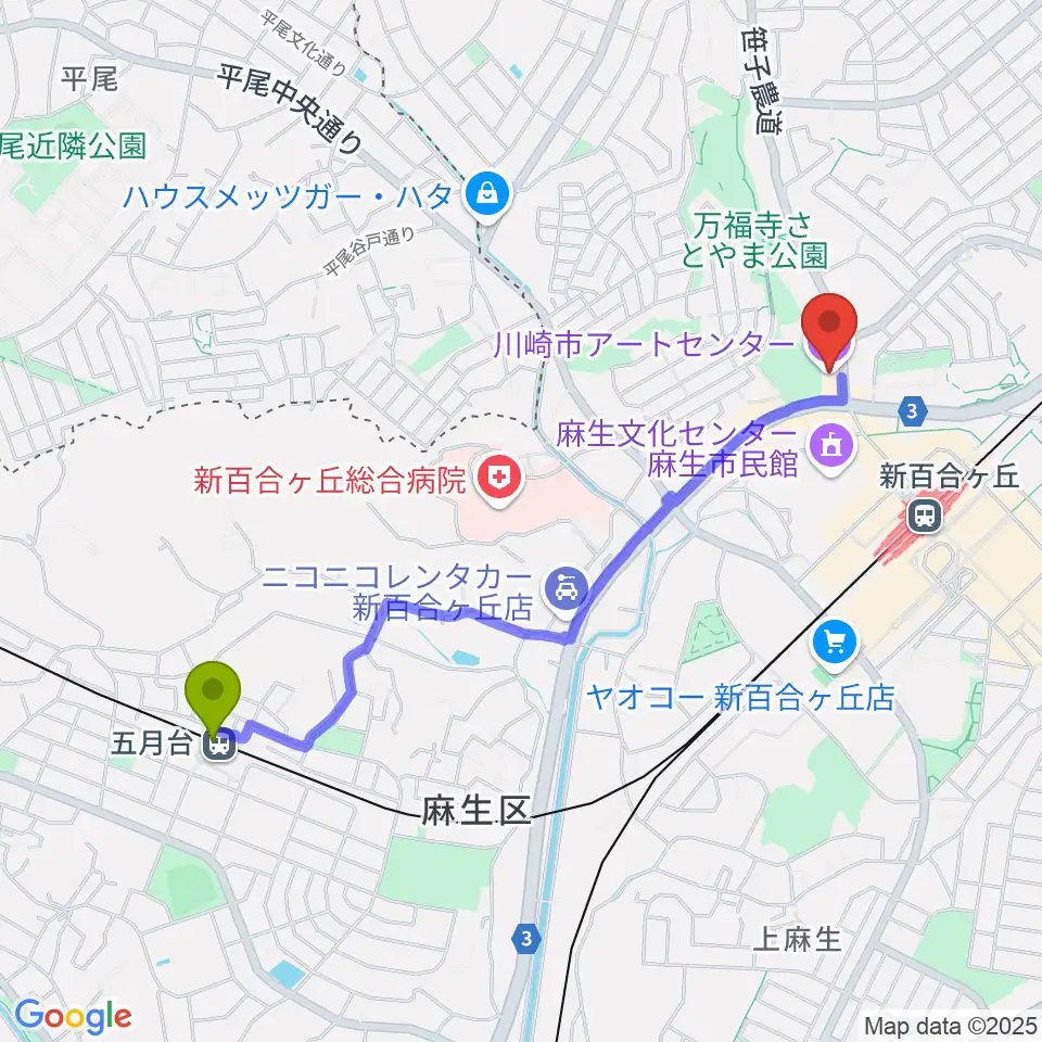 五月台駅から川崎市アートセンターへのルートマップ地図