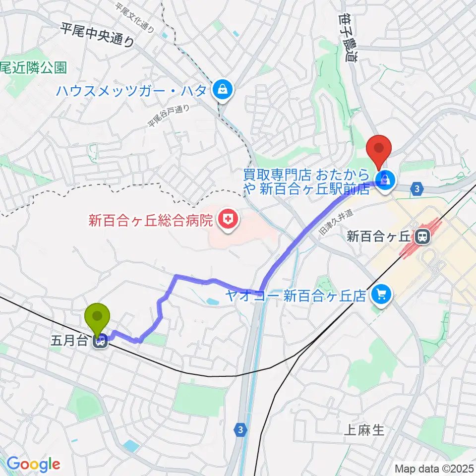 五月台駅から川崎市アートセンターへのルートマップ地図