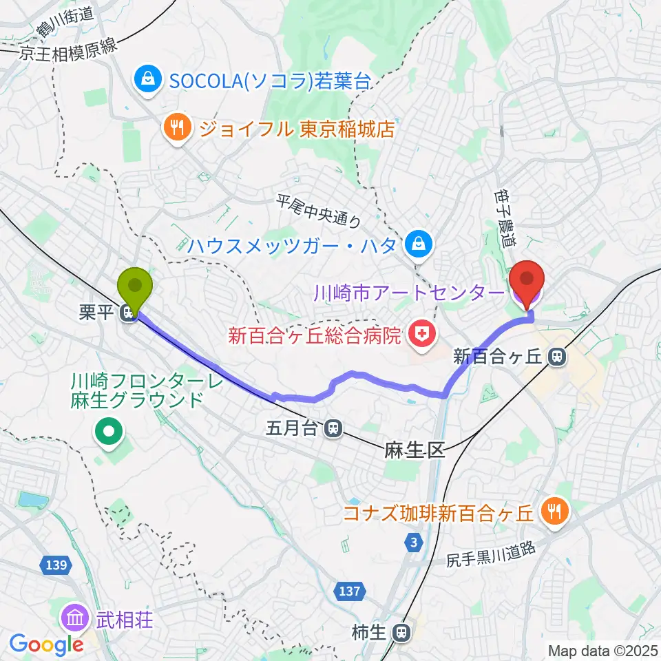 栗平駅から川崎市アートセンターへのルートマップ地図