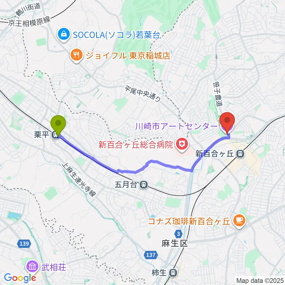 栗平駅から川崎市アートセンターへのルートマップ地図