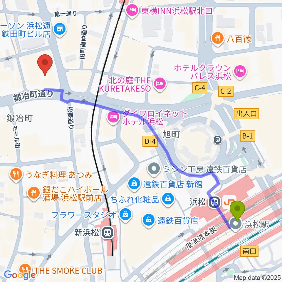 浜松駅からミュージックアベニュー浜松へのルートマップ地図