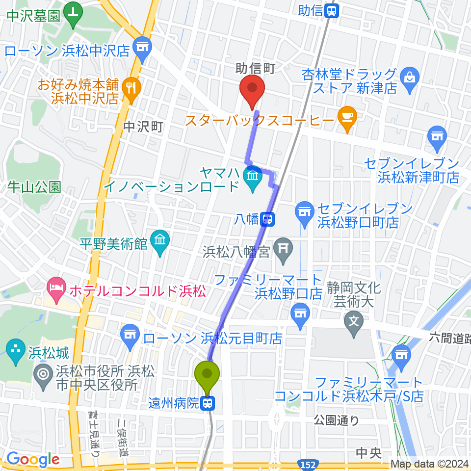 遠州病院駅から浜松中央センター ヤマハミュージックへのルートマップ地図