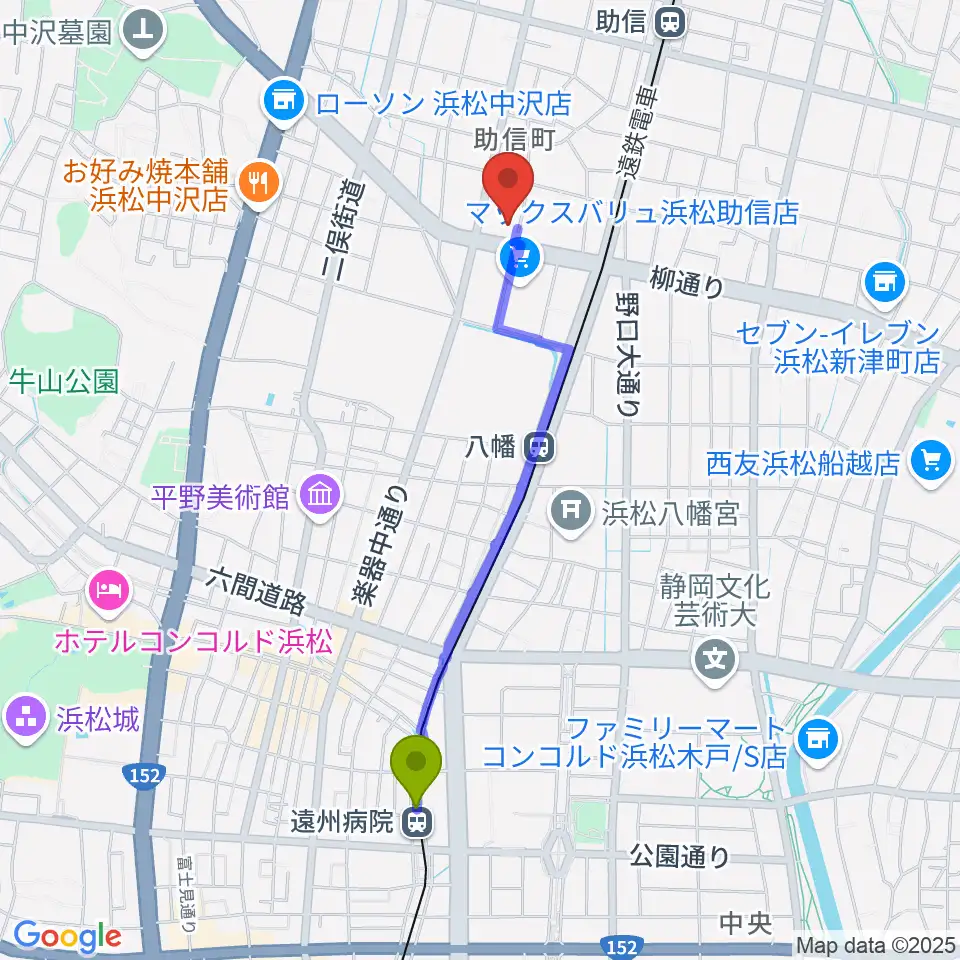 遠州病院駅から浜松中央センター ヤマハミュージックへのルートマップ地図