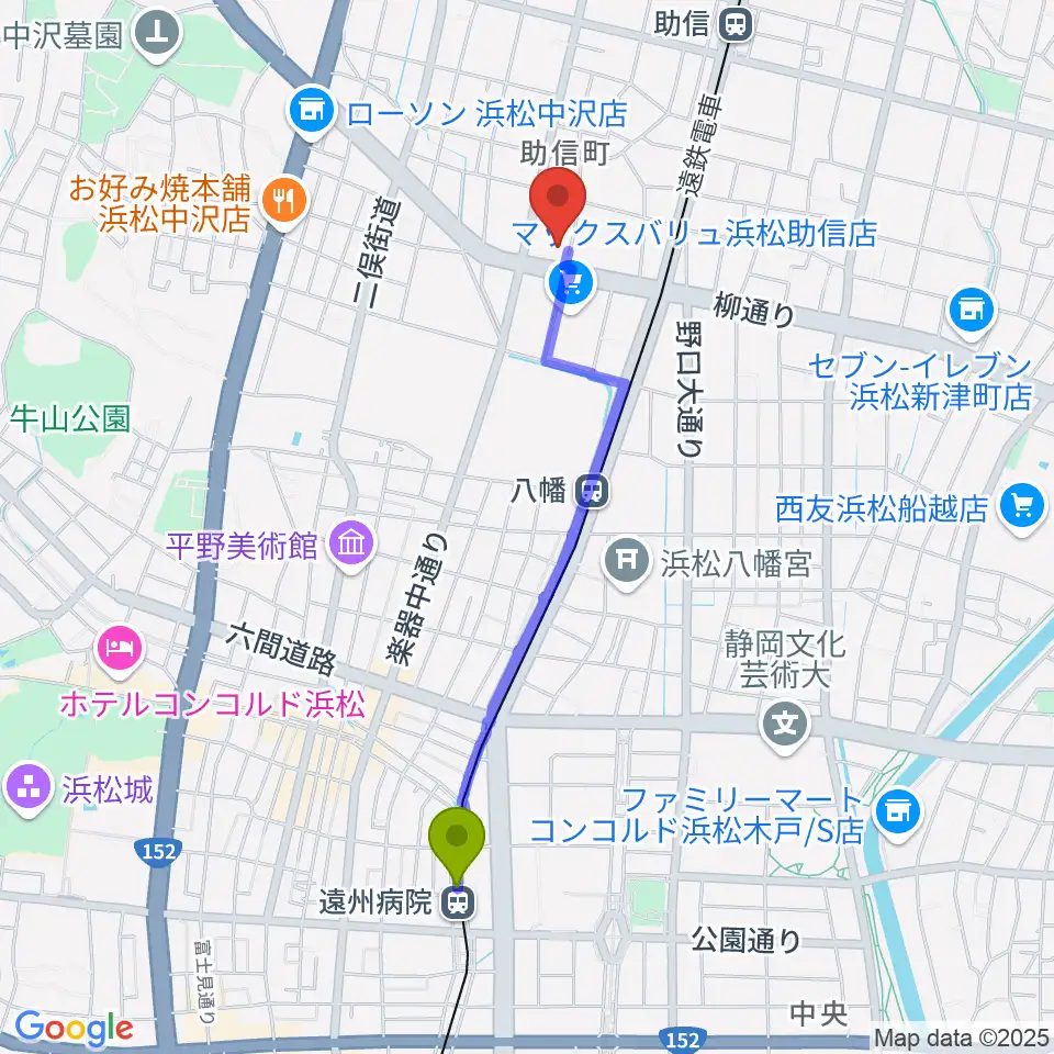 遠州病院駅から浜松中央センター ヤマハミュージックへのルートマップ地図