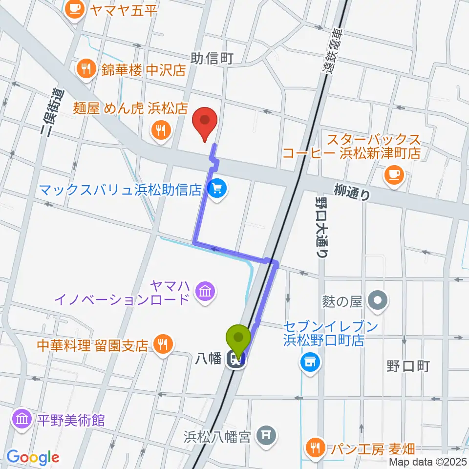 浜松中央センター ヤマハミュージックの最寄駅八幡駅からの徒歩ルート（約7分）地図
