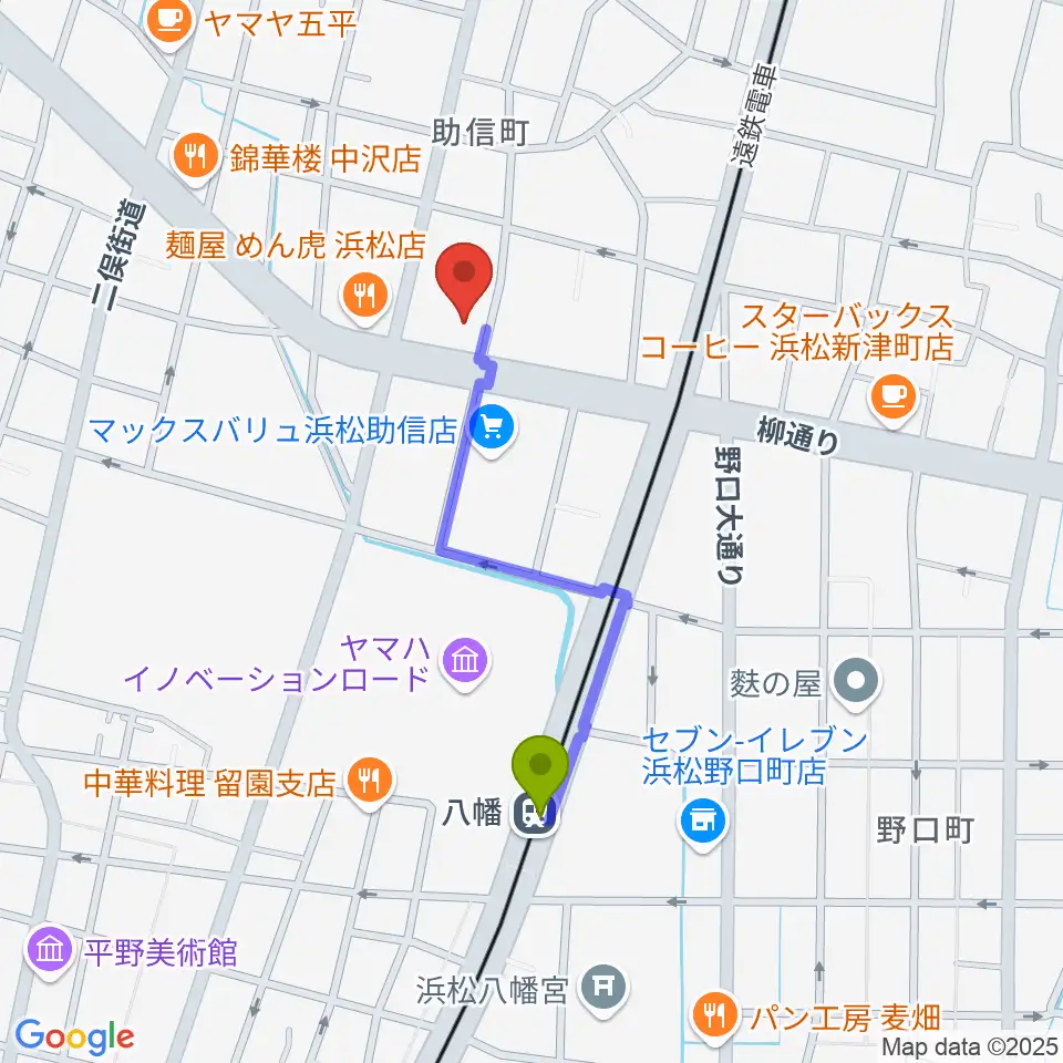 浜松中央センター ヤマハミュージックの最寄駅八幡駅からの徒歩ルート（約7分）地図