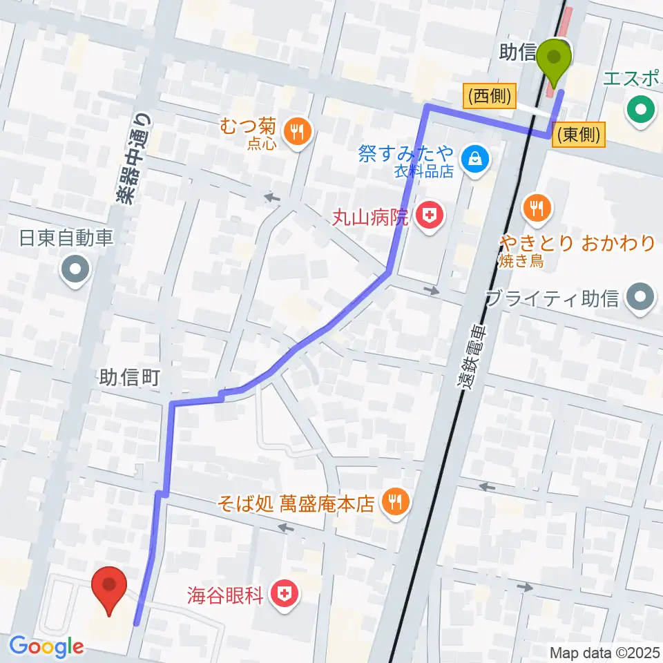 助信駅から浜松中央センター ヤマハミュージックへのルートマップ地図