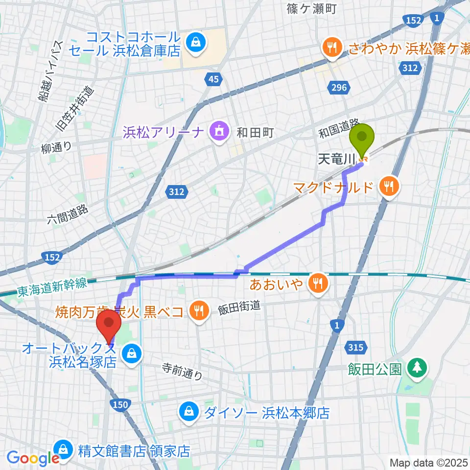 天竜川駅から名塚センター ヤマハミュージックへのルートマップ地図
