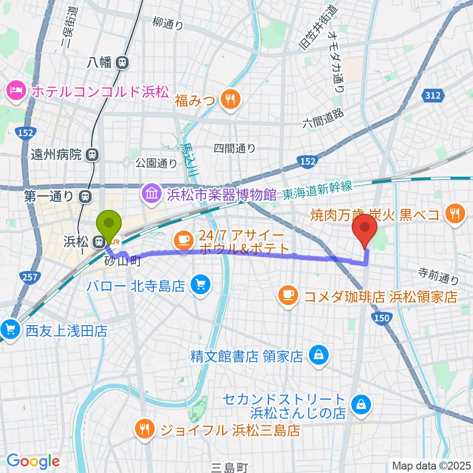 名塚センター ヤマハミュージックの最寄駅浜松駅からの徒歩ルート（約34分）地図