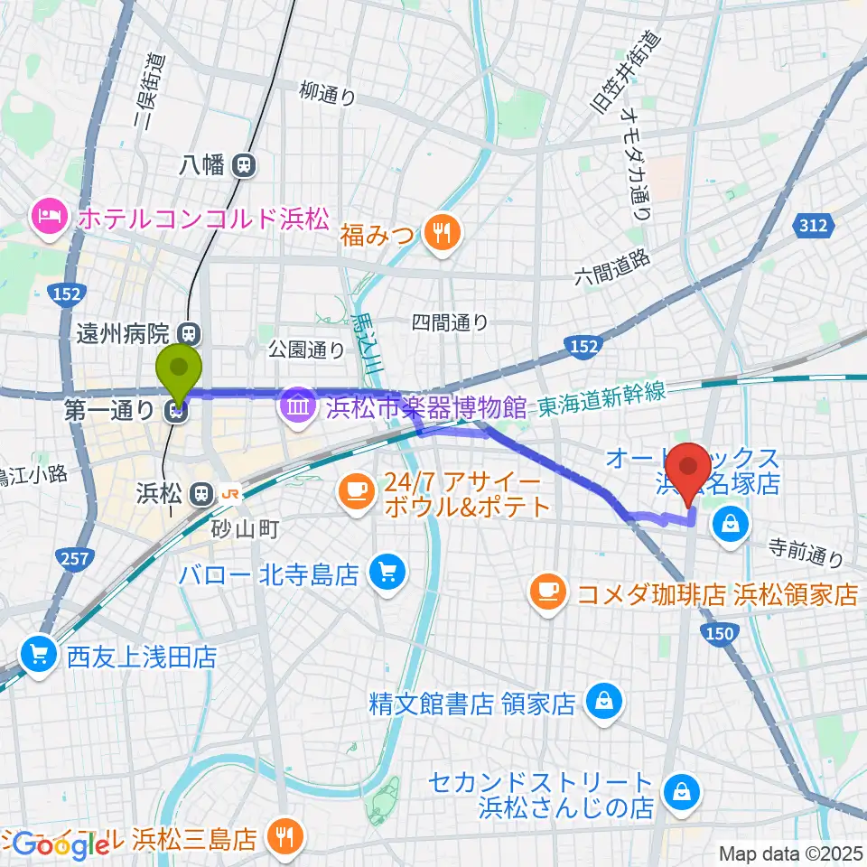 第一通り駅から名塚センター ヤマハミュージックへのルートマップ地図