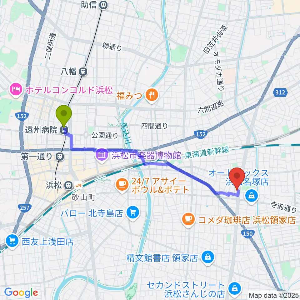 遠州病院駅から名塚センター ヤマハミュージックへのルートマップ地図